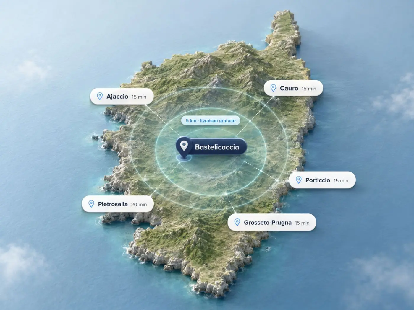 Carte de la zone d'intervention, Bastelicaccia et communes voisines