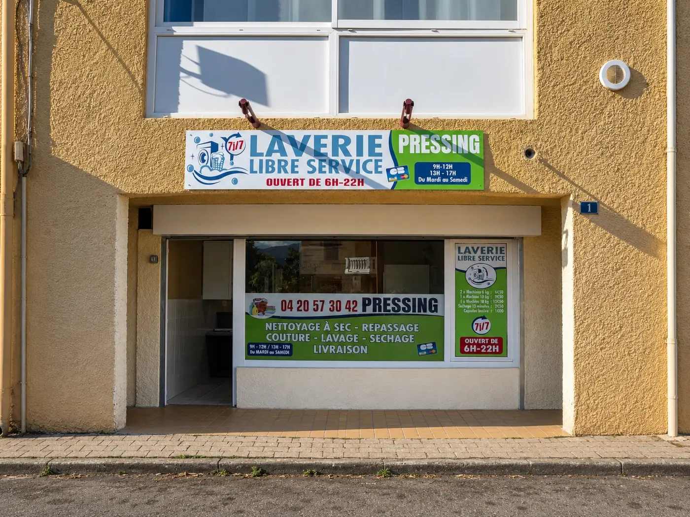 Devanture de la laverie libre-service et du pressing de Bastelicaccia